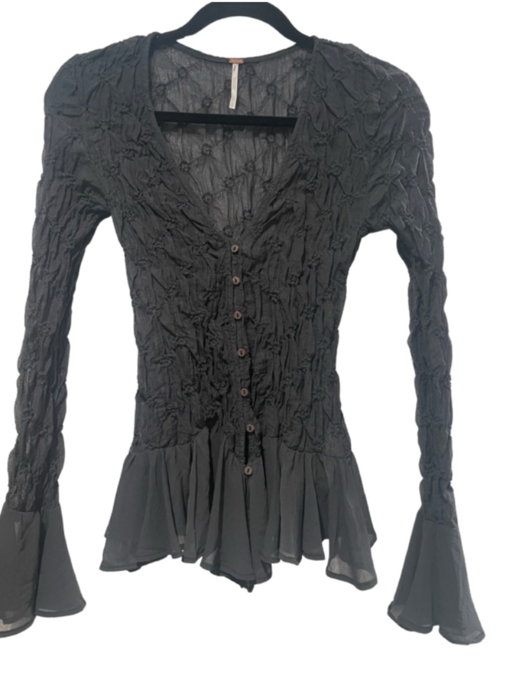Free People Black Crinkle Button-Down Ruffle Hem Blouse